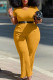 Yellow Casual Solid Patchwork O Neck Plus Size Two Pieces(Without Belt)
