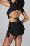 White Sexy Print Bandage Patchwork Backless O Neck Short Sleeve Two Pieces