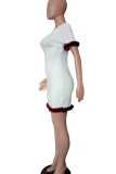 White Fashion Casual Solid Patchwork Feathers O Neck Straight Dresses