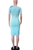 Blue Work Solid Patchwork With Bow O Neck One Step Skirt Dresses