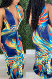 Turquoise Sexy Print Patchwork V Neck Pencil Skirt Dresses