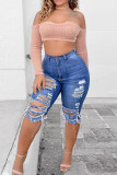Blue Casual Street Solid Ripped Patchwork Plus Size Jeans