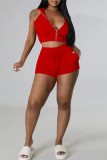 Red Casual Solid Patchwork Zipper Hooded Collar Sleeveless Two Pieces