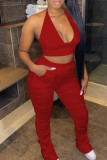 Red Sexy Solid Patchwork Fold Halter Sleeveless Two Pieces