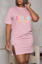 Pink Fashion Casual Letter Print Slit O Neck Short Sleeve Dress