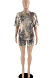 Light Brown Casual Print Patchwork O Neck Short Sleeve Two Pieces