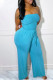 Blue Sexy Solid Patchwork Fold Strapless Straight Jumpsuits