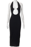 Apricot Sexy Solid Hollowed Out Halter Pencil Skirt Dresses