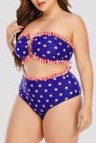 Blue Fashion Sexy Print Hollowed Out Backless Strapless Plus Size Swimwear (With Paddings)