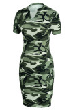 Camouflage Fashion Casual Camouflage Print Basic V Neck Short Sleeve Dress