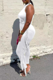 Light Blue Fashion Solid Tassel Halter Sleeveless Two Pieces