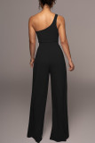 Rose Red Casual Solid Patchwork Oblique Collar Straight Jumpsuits