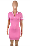 Pink Fashion Casual Print Patchwork V Neck Short Sleeve Dress