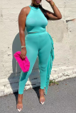 Light Blue Fashion Solid Tassel Halter Sleeveless Two Pieces