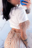 Rose Red Fashion Print Tassel O Neck T-Shirts