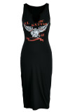 Black Fashion Casual Print Basic U Neck Vest Dress