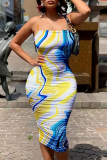 Pink Sexy Print Patchwork Spaghetti Strap Pencil Skirt Dresses