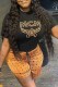 Black Fashion Street Print Letter O Neck Short Sleeve Two Pieces