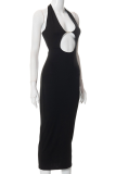 Apricot Sexy Solid Hollowed Out Halter Pencil Skirt Dresses