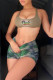 Army Green Sexy Print Patchwork U Neck Two Pieces