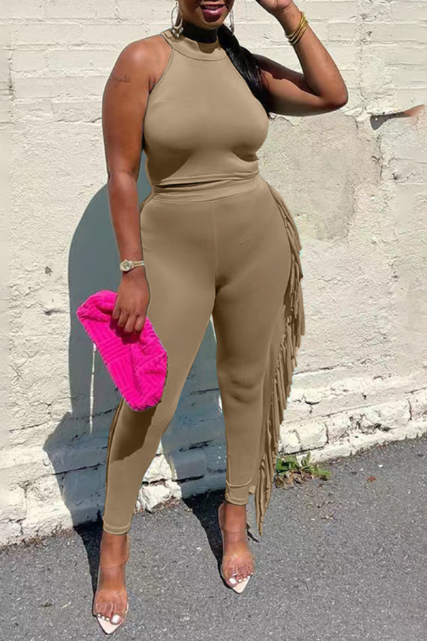 Khaki Fashion Solid Tassel Halter Sleeveless Two Pieces