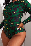 Green Fashion Sexy Print Leopard Bandage Backless O Neck Plus Size Swimwear (With Paddings)