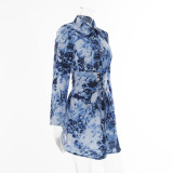 Blue Casual Print Patchwork Turndown Collar Waist Skirt Dresses