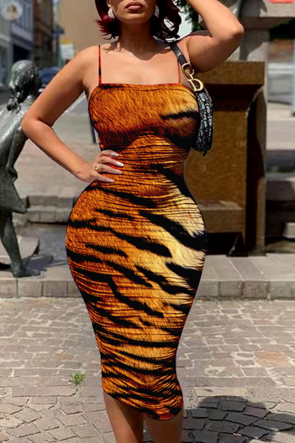 Leopard Print Sexy Print Patchwork Spaghetti Strap Pencil Skirt Dresses