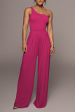 Rose Red Casual Solid Patchwork Oblique Collar Straight Jumpsuits