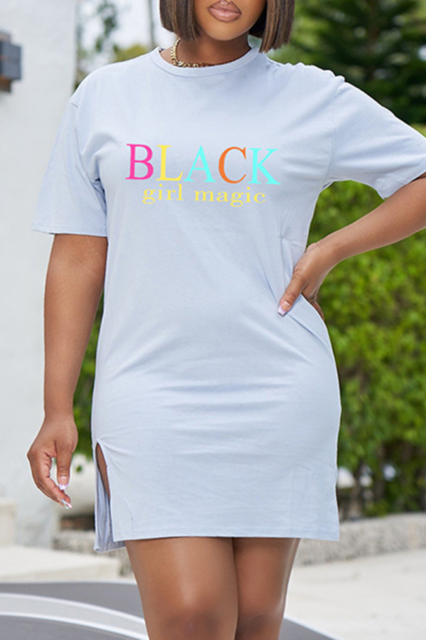 Sky Blue Fashion Casual Letter Print Slit O Neck Short Sleeve Dress
