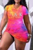 Green Fashion Casual Letter Print Tie-dye V Neck Short Sleeve Dress