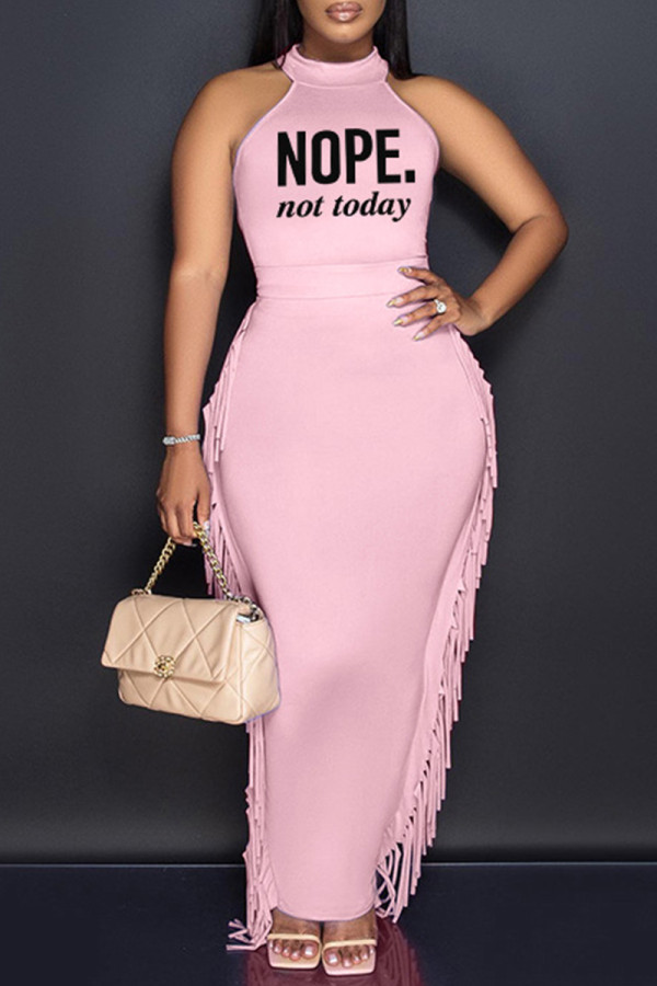 Pink Fashion Casual Letter Print Tassel Patchwork O Neck Sleeveless Two Pieces