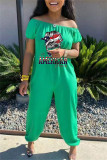 Green Fashion Casual Print Backless Off the Shoulder Regular Jumpsuits
