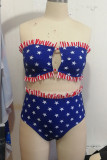 Blue Fashion Sexy Print Hollowed Out Backless Strapless Plus Size Swimwear (With Paddings)