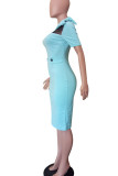 Blue Work Solid Patchwork With Bow O Neck One Step Skirt Dresses