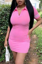 Pink Fashion Casual Print Patchwork V Neck Short Sleeve Dress