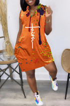 Orange Fashion Casual Print Basic V Neck Sleeveless Dress