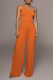 Tangerine Red Casual Solid Patchwork Oblique Collar Straight Jumpsuits