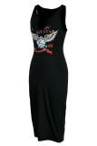 Black Fashion Casual Print Basic U Neck Vest Dress