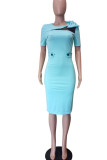 Blue Work Solid Patchwork With Bow O Neck One Step Skirt Dresses