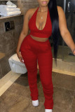 Red Sexy Solid Patchwork Fold Halter Sleeveless Two Pieces