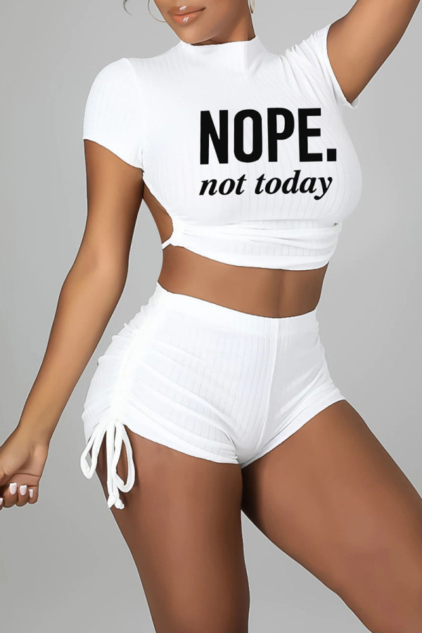 White Sexy Print Bandage Patchwork Backless O Neck Short Sleeve Two Pieces