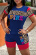 Blue Fashion Casual Letter Print Leopard Patchwork O Neck Short Sleeve Two Pieces
