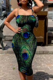 Colour Sexy Print Patchwork Spaghetti Strap Pencil Skirt Dresses