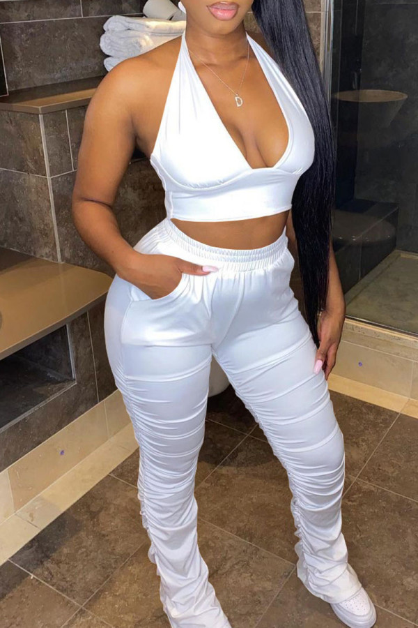 White Sexy Solid Patchwork Fold Halter Sleeveless Two Pieces