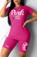 Pink Fashion Casual Letter Print Basic O Neck Short Sleeve Two Pieces