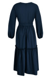 Tibetan Blue Fashion Casual Solid Patchwork O Neck Long Sleeve Dresses