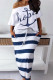 White Blue Fashion Casual Print Basic Oblique Collar Plus Size Two Pieces