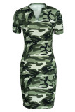 Camouflage Fashion Casual Camouflage Print Basic V Neck Short Sleeve Dress