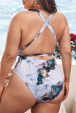 Blue Fashion Sexy Print Backless Cross Straps V Neck Plus Size Swimwear (With Paddings)